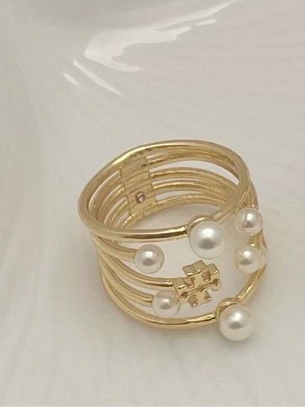 Tory Burch Gold Multi-Band Ring with White Pearls SIZE8